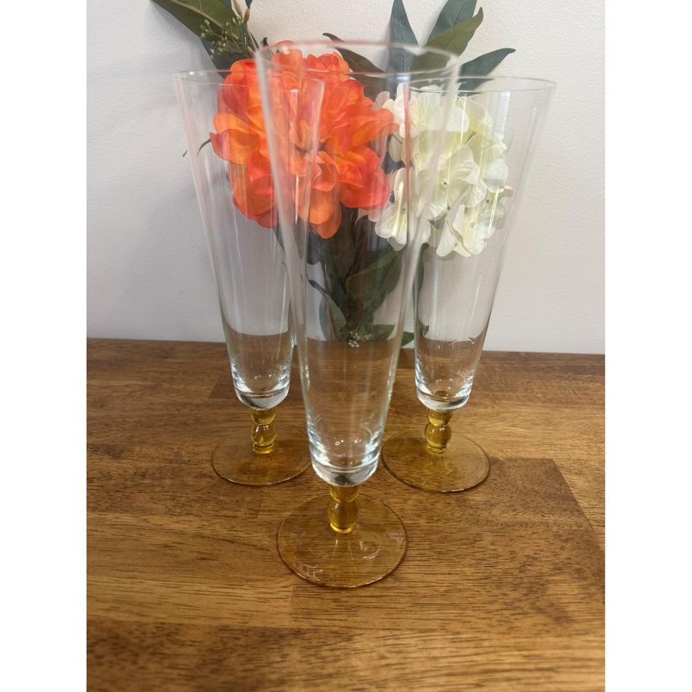 Vintage Clear Glass Pilsner Champagne Flutes Amber Ball Stem Set Of 3